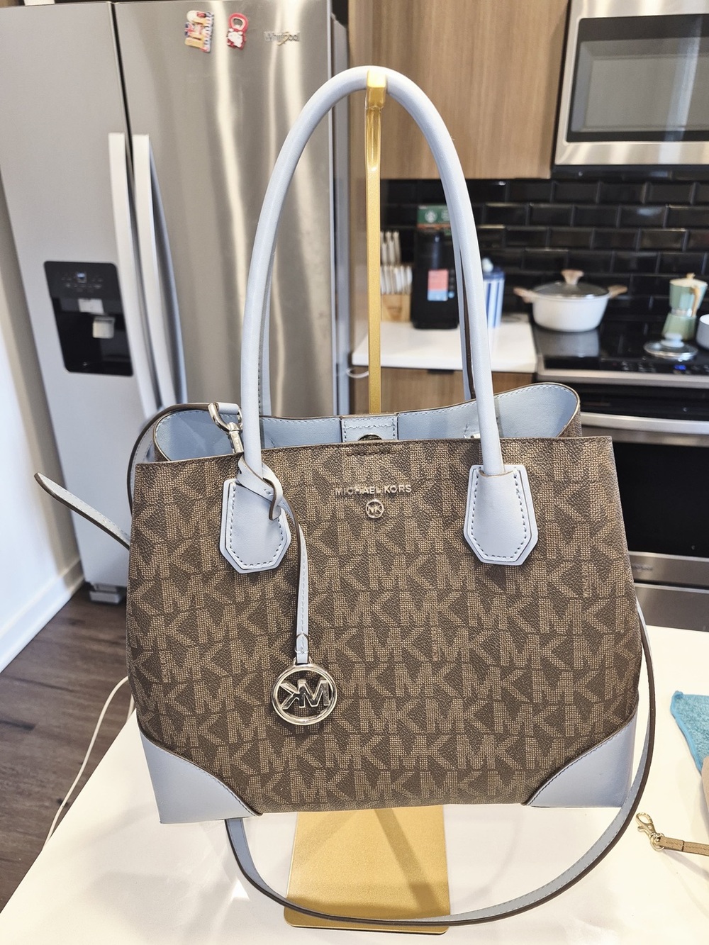 Michael Kors Brown Monogram Satchel with Light Blue Trim